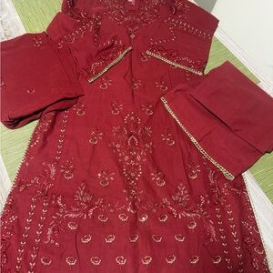 Red Embroidered Long Sleeve Women's Dress with Gold Trim